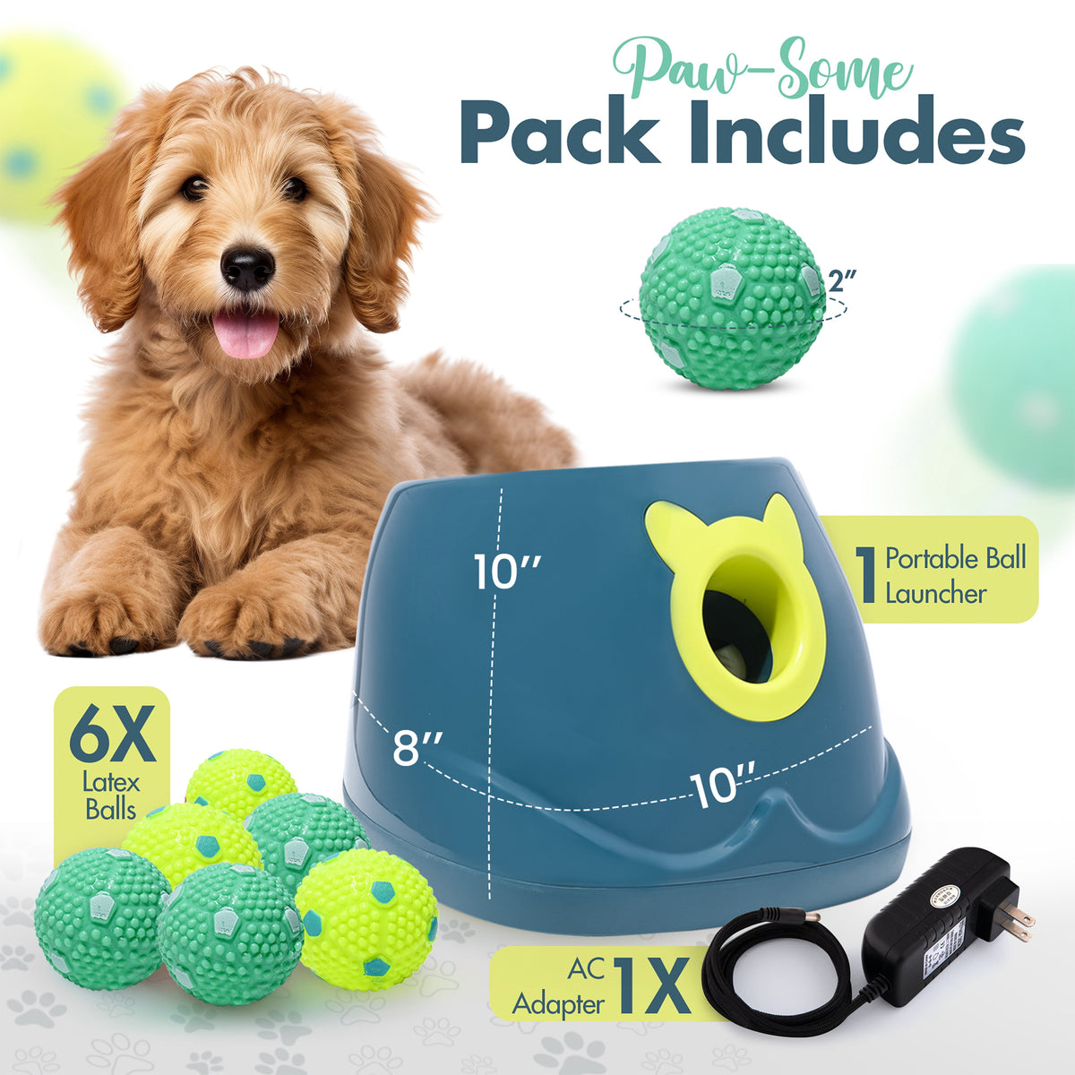 Automatic Dog Ball Launcher - Dog Ball Fetch Machine for Small to Medium Sized Dogs, Great Interactive Dog Toy with 6 Latex Balls, Dual Power Supply