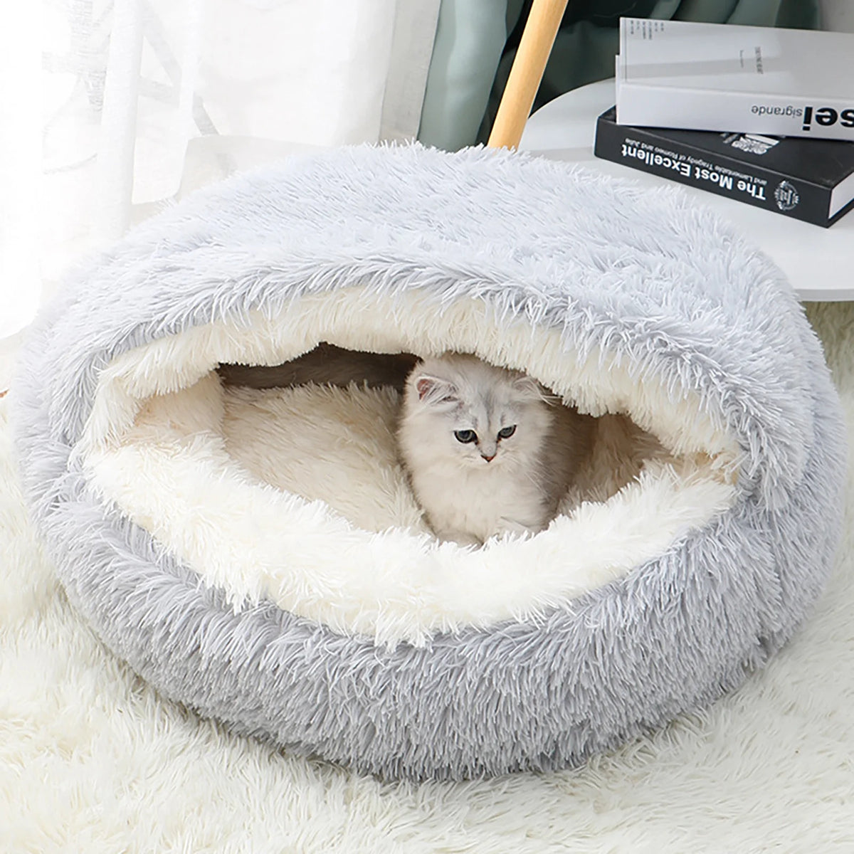 Calming Dog Beds & Cat Cave Bed with Hooded Cover,Removable Washable round Beds for Small Medium Pets,Anti-Slip Faux Fur Fluffy Coved Bed for Improved Sleep