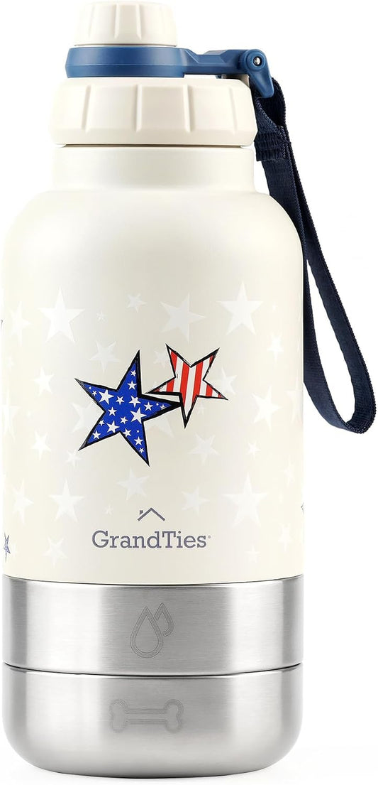 Insulated Portable Dog Water Bottle with 2 Detachable Water Bowl Dispenser | Dog Food Travel Container, Accessories for Dogs Walking, Hiking, Camping (32Oz (950Ml), Patriot)