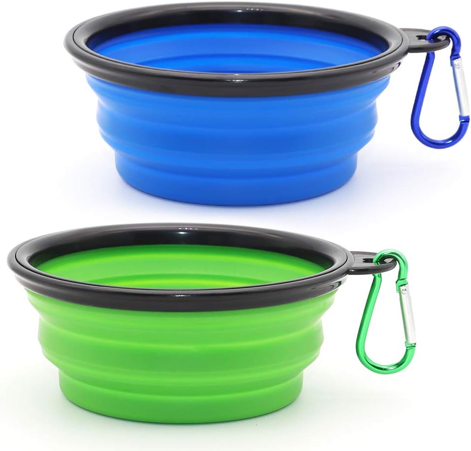 Dog Bowl Pet Collapsible Bowls, 2 Pack Collapsible Dog Water Bowls for Cats Dogs, Portable Pet Feeding Watering Dish for Walking Parking Traveling with 2 Carabiners (Small, Green+Purple)