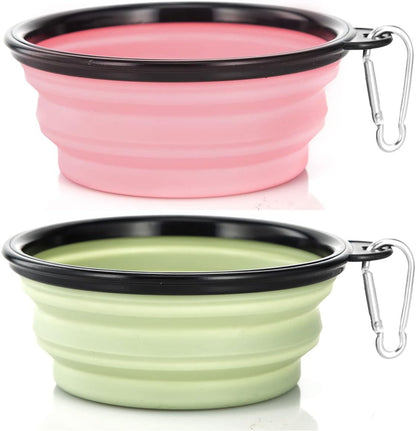 Dog Bowl Pet Collapsible Bowls, 2 Pack Collapsible Dog Water Bowls for Cats Dogs, Portable Pet Feeding Watering Dish for Walking Parking Traveling with 2 Carabiners (Small, Green+Purple)