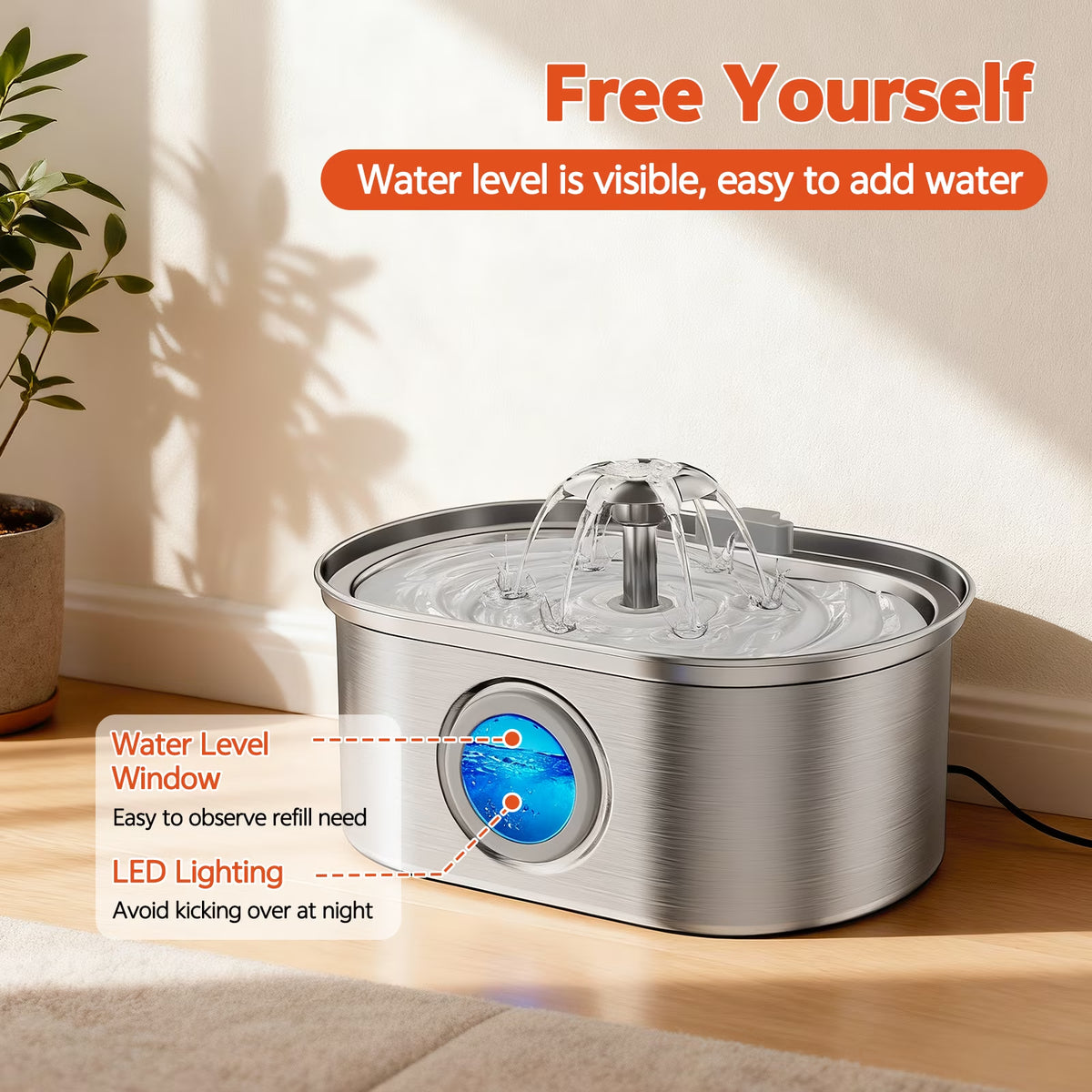 Cat Water Fountain Stainless Steel,  108Oz/3.2L Pet Fountain with Water Level Window,Automatic Water Dispenser for Cats and Dogs,