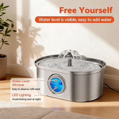 Cat Water Fountain Stainless Steel,  108Oz/3.2L Pet Fountain with Water Level Window,Automatic Water Dispenser for Cats and Dogs,