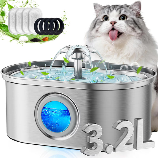 Cat Water Fountain Stainless Steel,  108Oz/3.2L Pet Fountain with Water Level Window,Automatic Water Dispenser for Cats and Dogs,