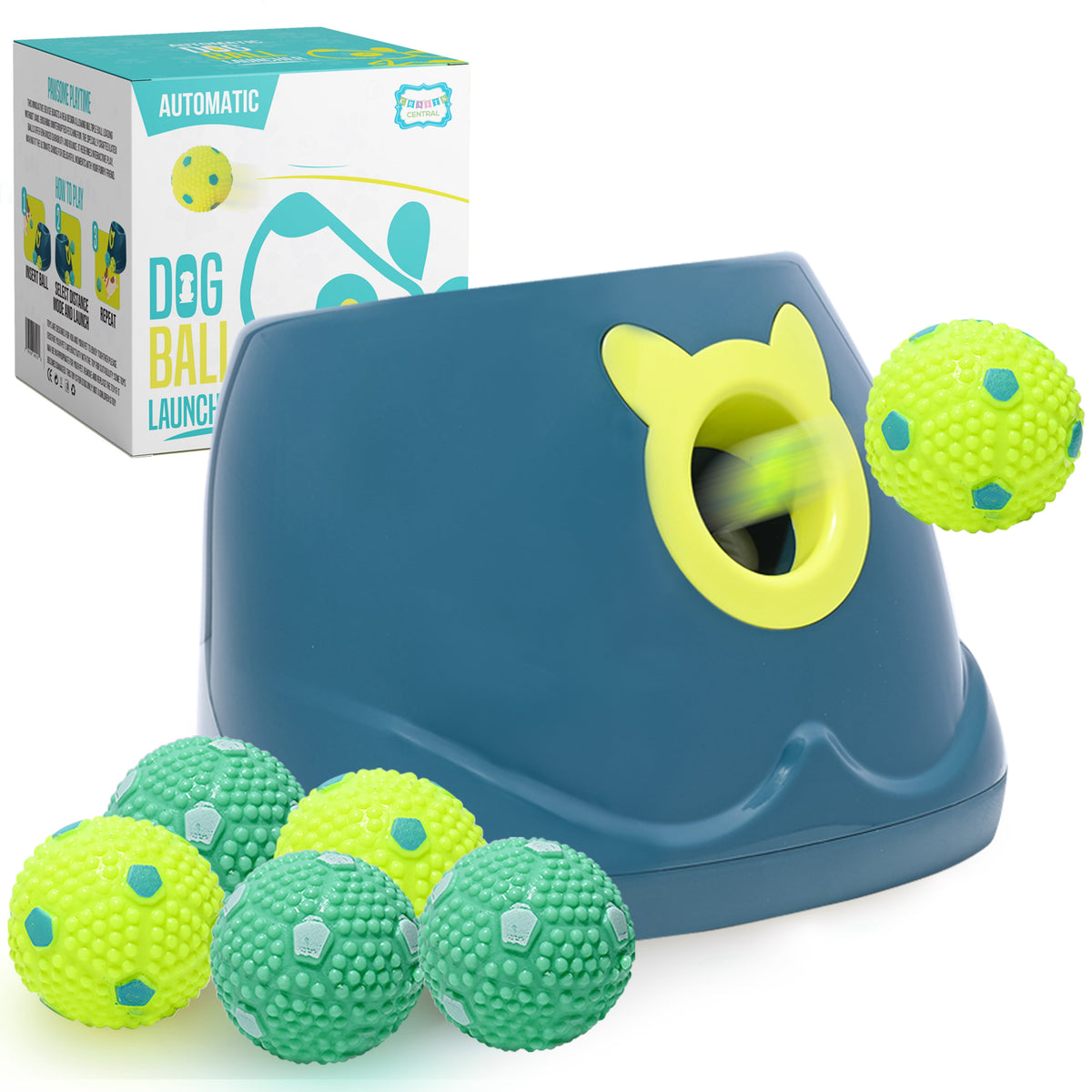Automatic Dog Ball Launcher - Dog Ball Fetch Machine for Small to Medium Sized Dogs, Great Interactive Dog Toy with 6 Latex Balls, Dual Power Supply