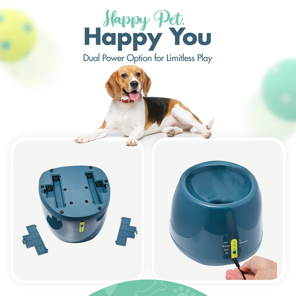 Automatic Dog Ball Launcher - Dog Ball Fetch Machine for Small to Medium Sized Dogs, Great Interactive Dog Toy with 6 Latex Balls, Dual Power Supply