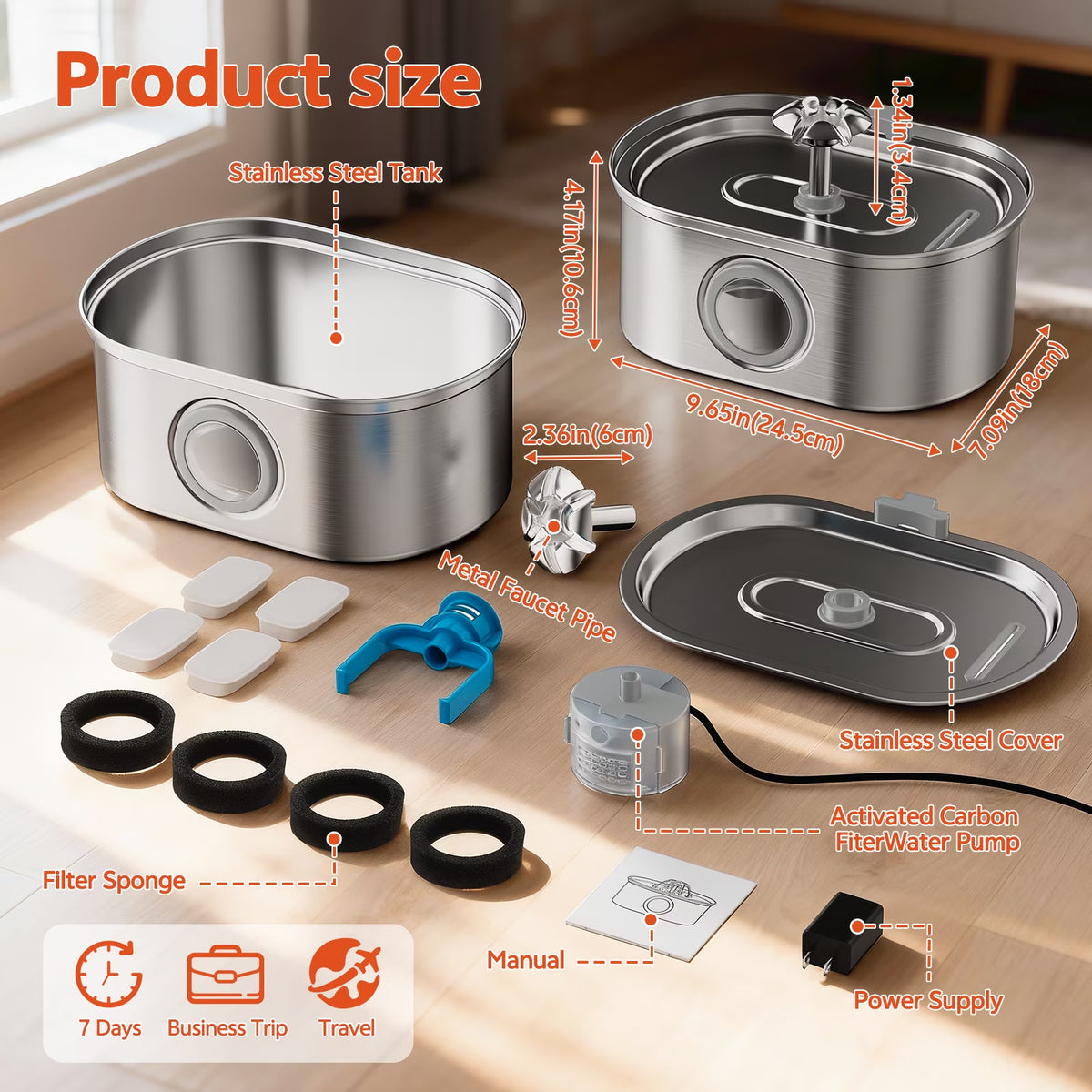 Cat Water Fountain Stainless Steel,  108Oz/3.2L Pet Fountain with Water Level Window,Automatic Water Dispenser for Cats and Dogs,