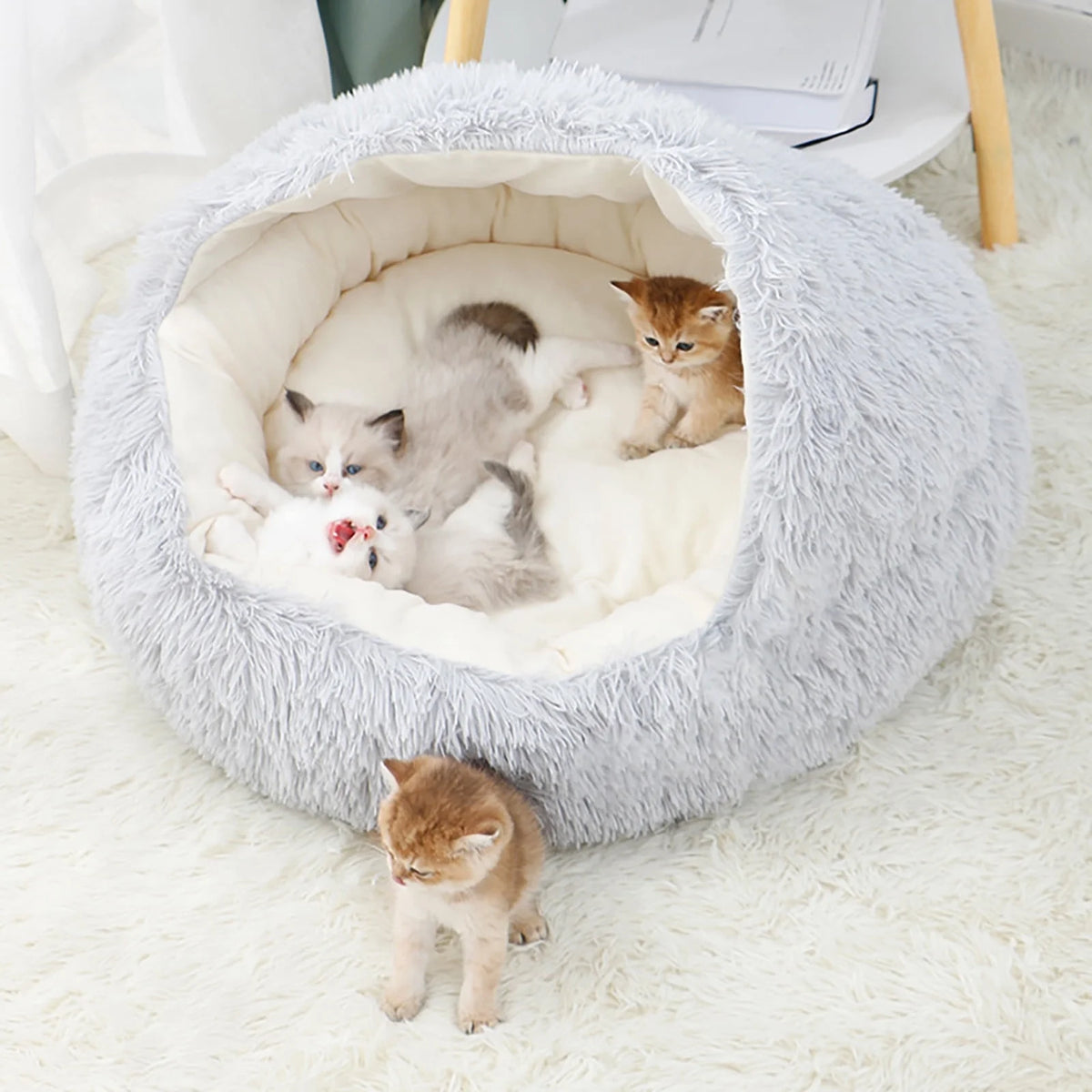 Calming Dog Beds & Cat Cave Bed with Hooded Cover,Removable Washable round Beds for Small Medium Pets,Anti-Slip Faux Fur Fluffy Coved Bed for Improved Sleep