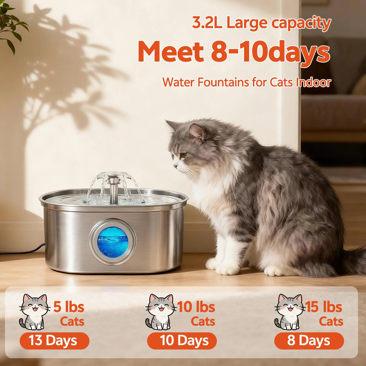 Cat Water Fountain Stainless Steel,  108Oz/3.2L Pet Fountain with Water Level Window,Automatic Water Dispenser for Cats and Dogs,