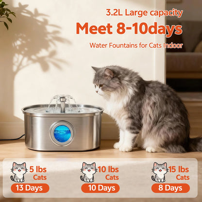 Cat Water Fountain Stainless Steel,  108Oz/3.2L Pet Fountain with Water Level Window,Automatic Water Dispenser for Cats and Dogs,