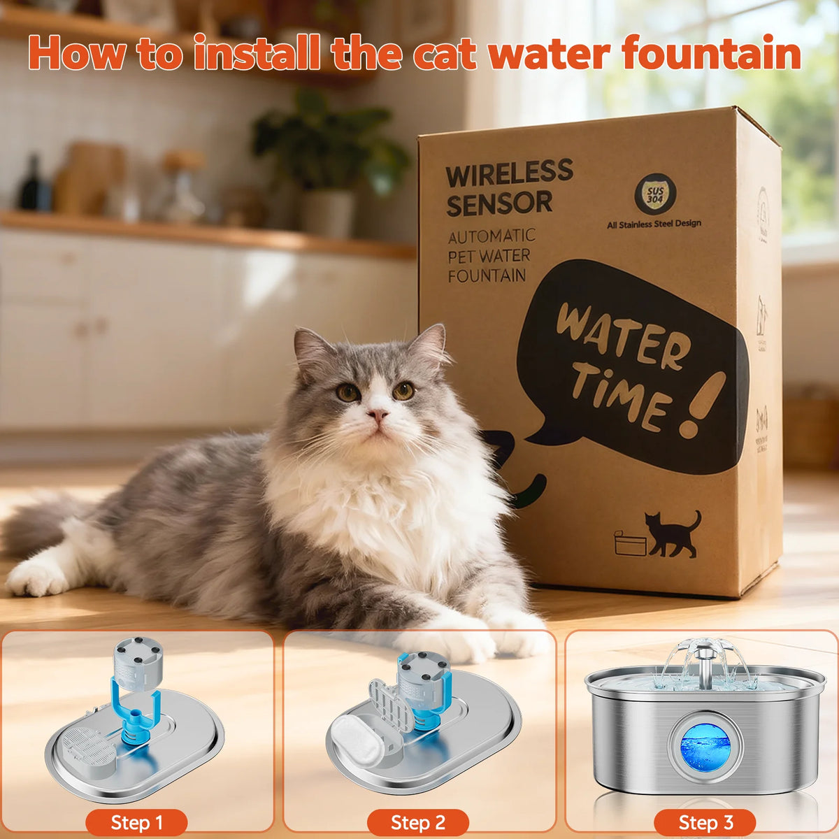Cat Water Fountain Stainless Steel,  108Oz/3.2L Pet Fountain with Water Level Window,Automatic Water Dispenser for Cats and Dogs,