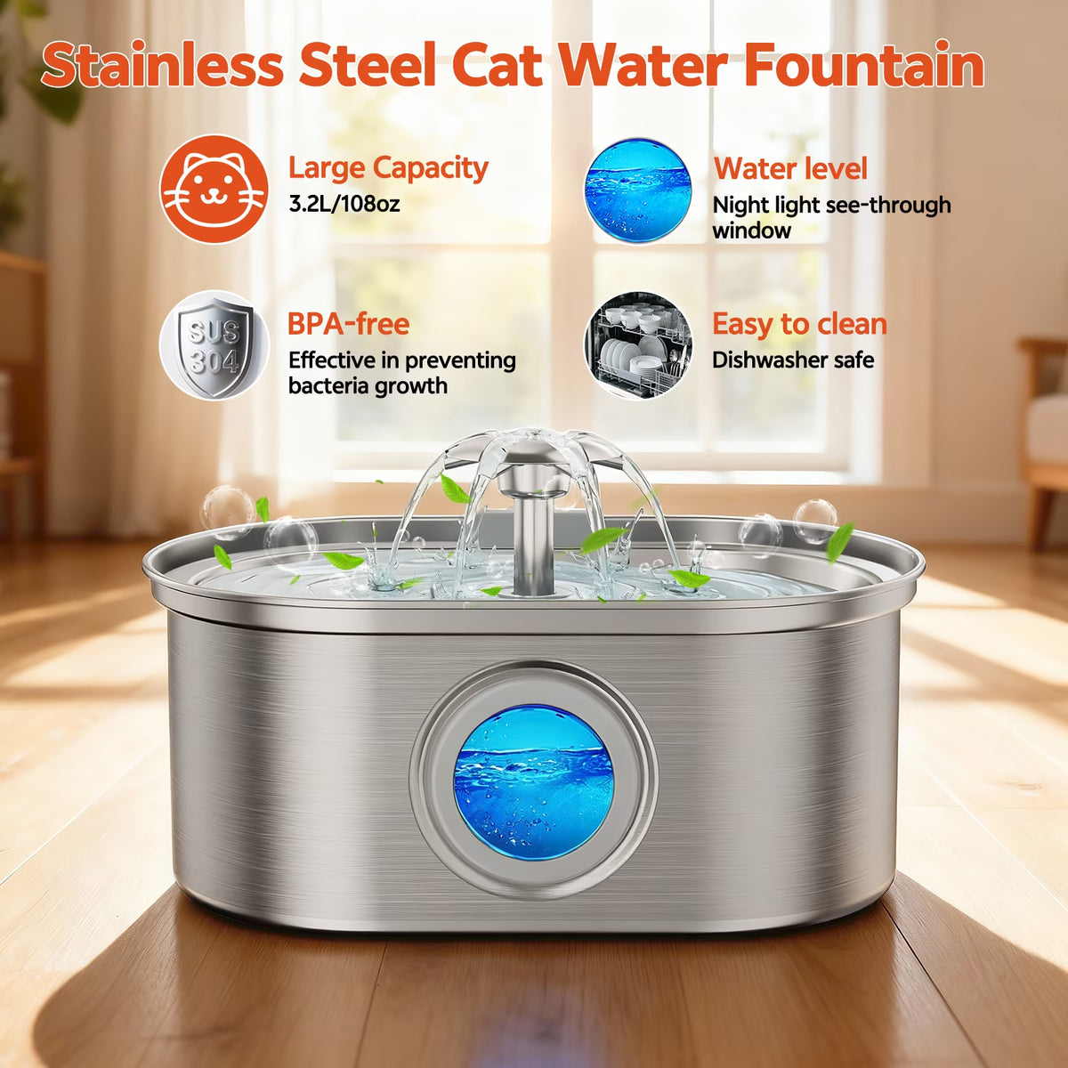 Cat Water Fountain Stainless Steel,  108Oz/3.2L Pet Fountain with Water Level Window,Automatic Water Dispenser for Cats and Dogs,